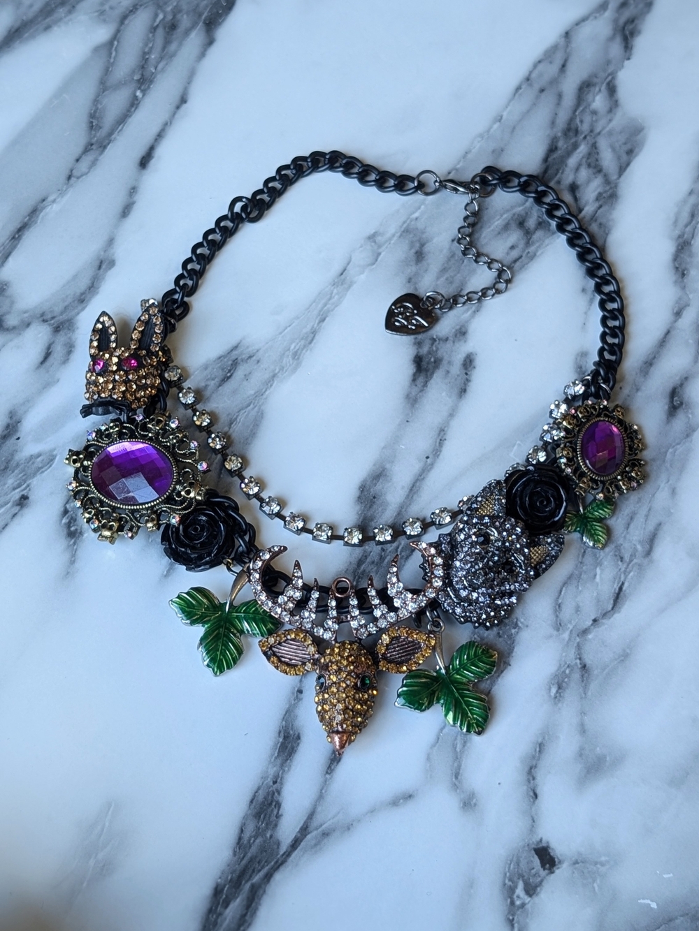 Betsey Johnson Dark Forest Statement Necklace featuring deer and wolf charms